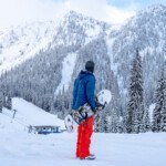 Snowboarder looking at the steep terrain at Whitewater Ski Resort