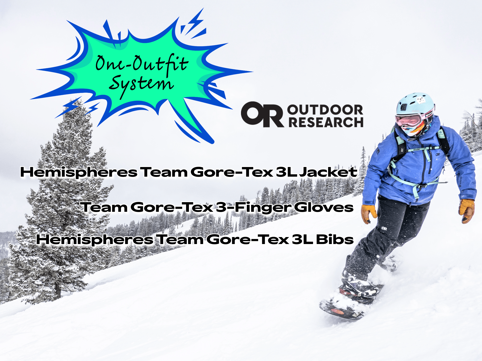 Outdoor Research Hemispheres jacket and bibs women's snowboard outerwear setup