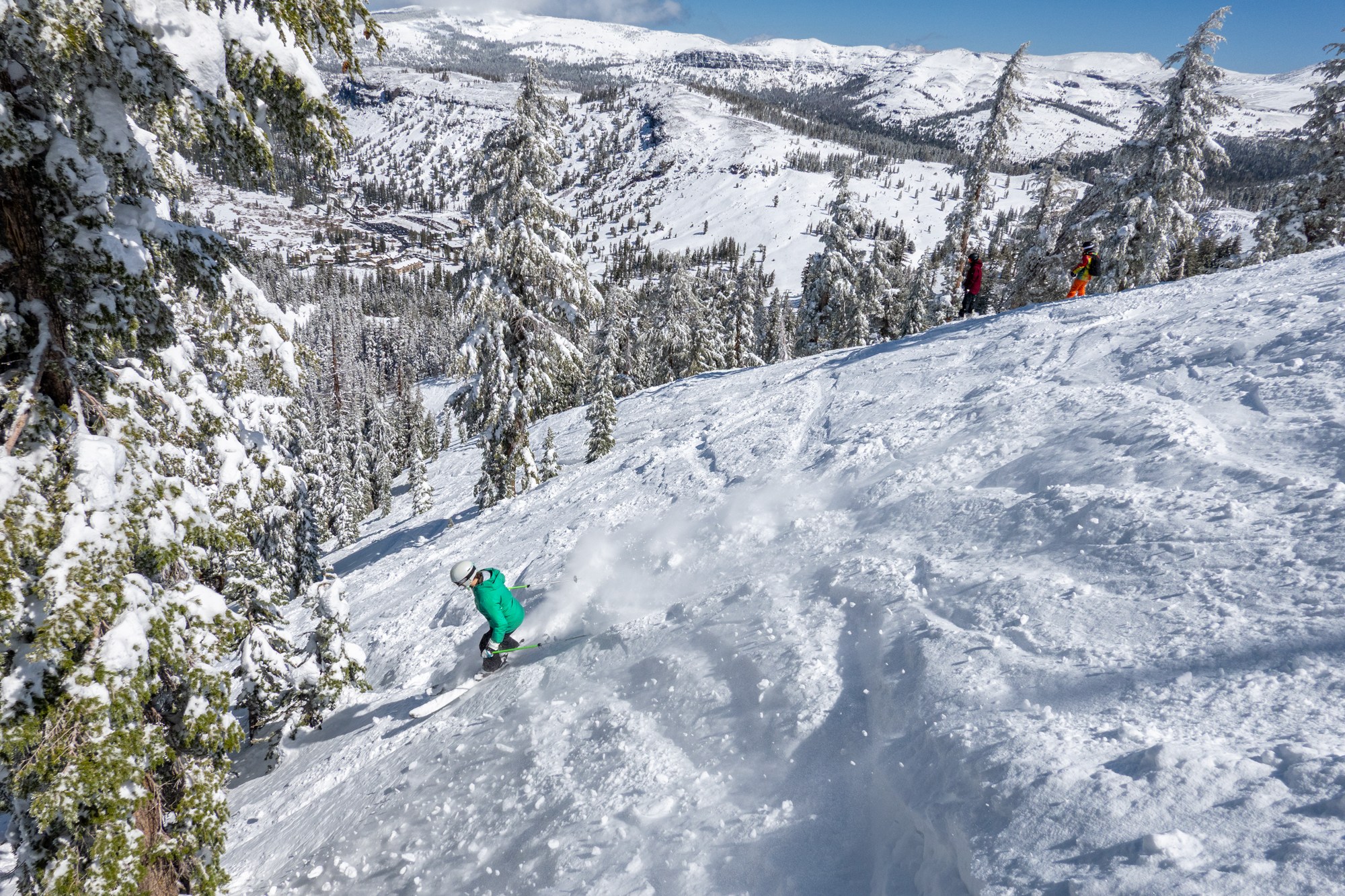 skier enjoying powder in April at Kirkwood Mountain