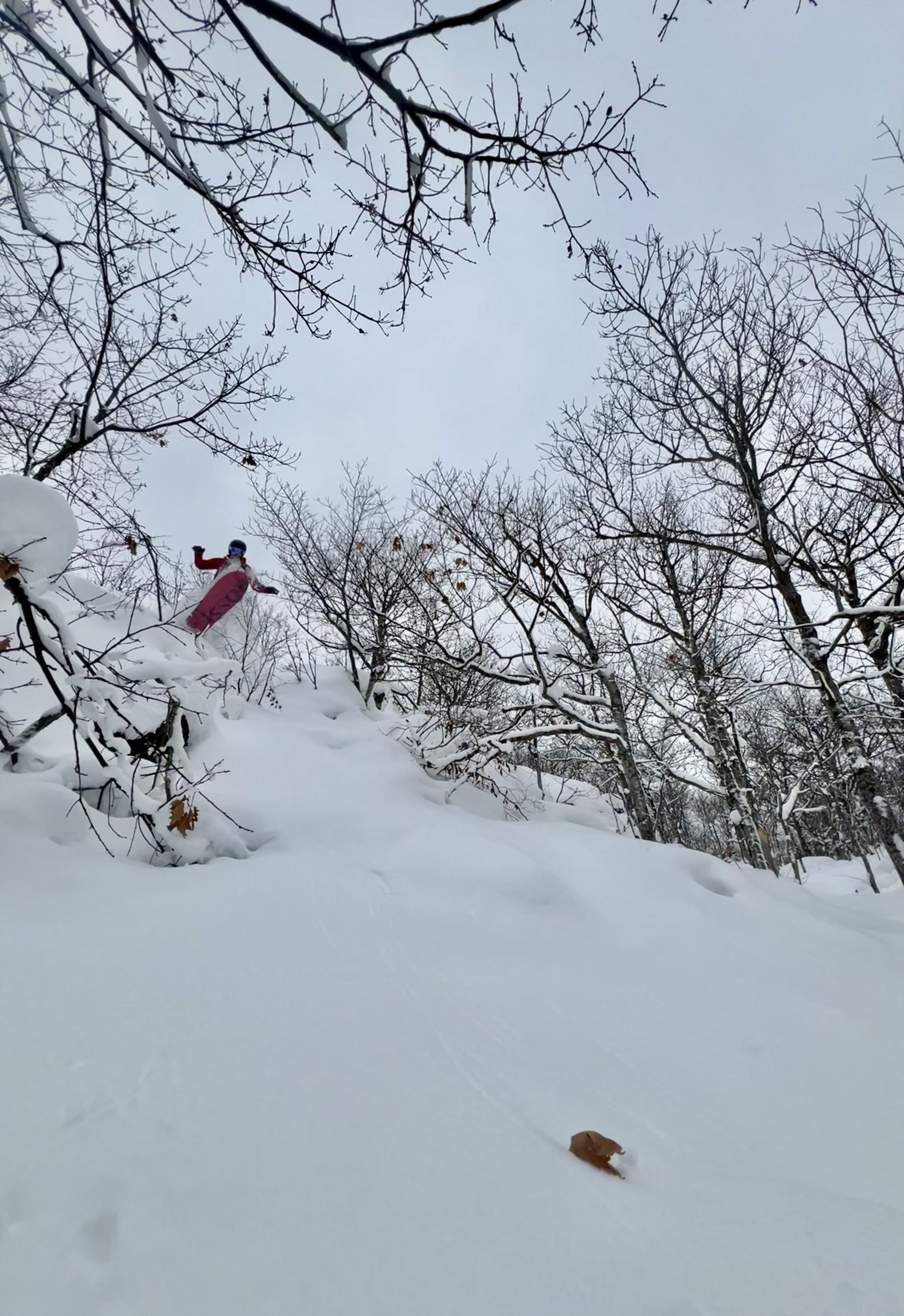 snowboarder leaping off a cliff in the Michigan backcountry