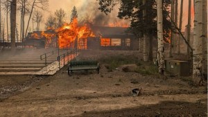 The devastating Cottonwood Fire destroying lower lodge at Eagle Point Ski Area