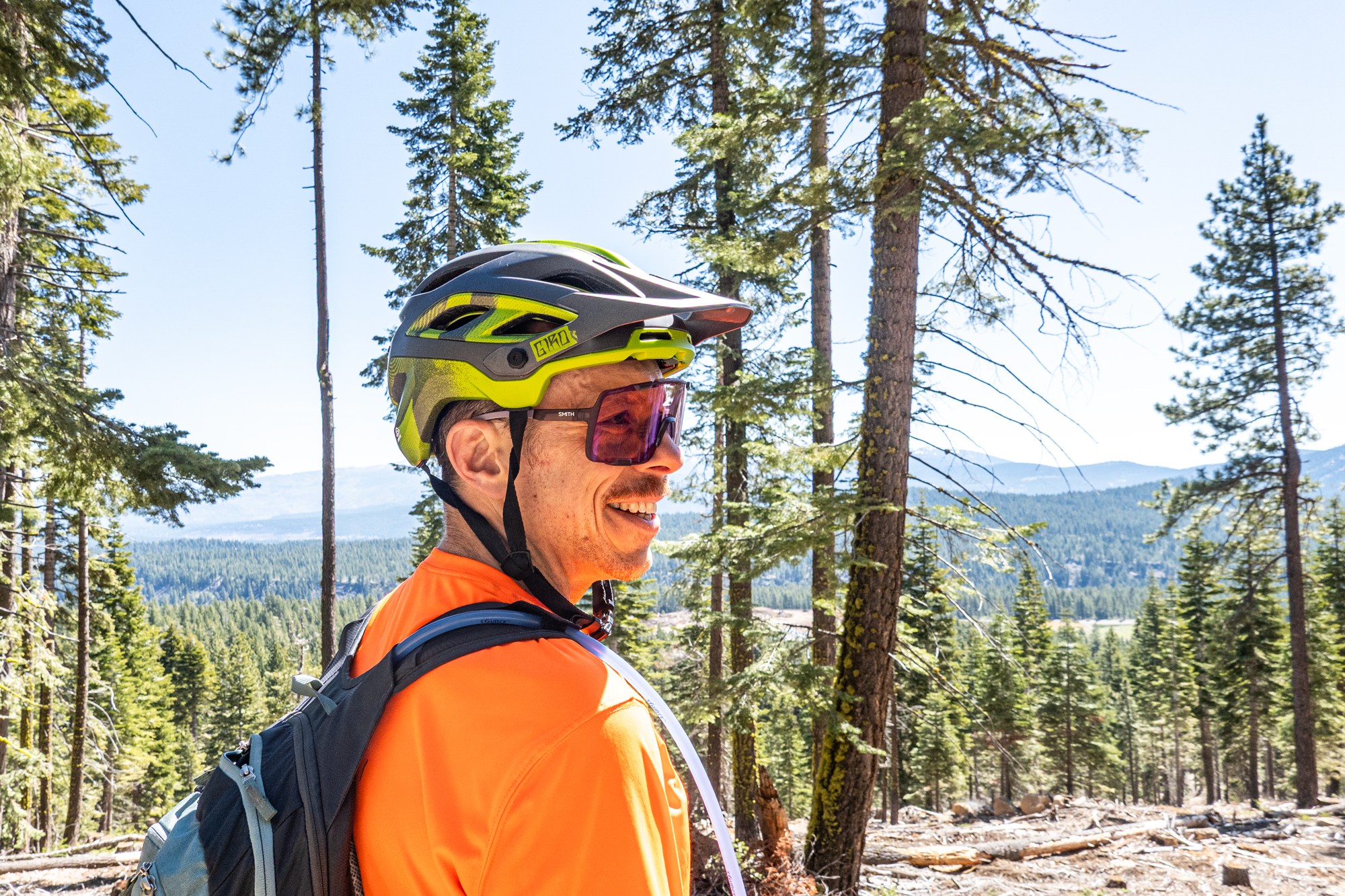 Close of Smith Syncline Sunglasses with Giro Helmet