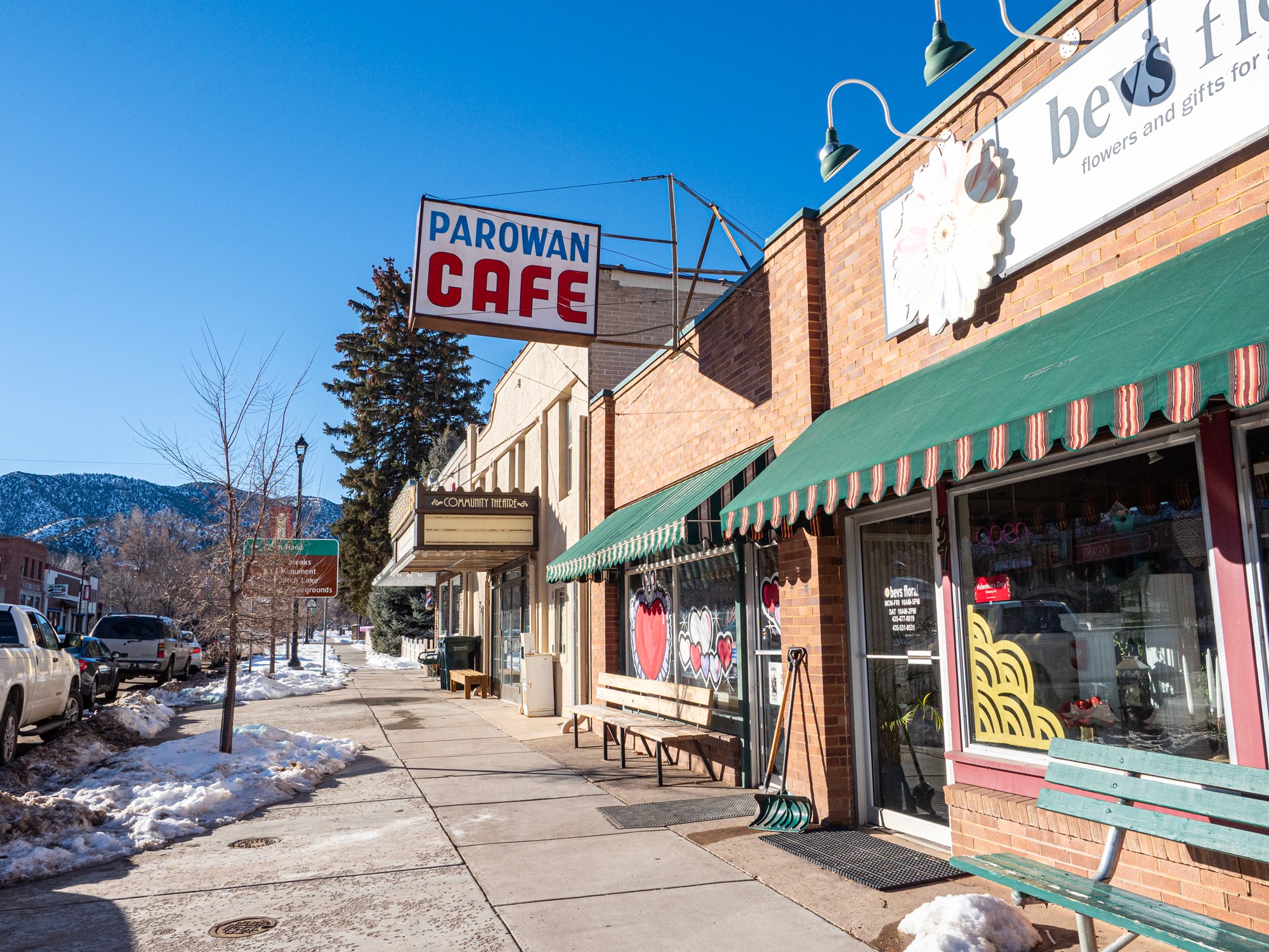 Parowan Cafe sign along a snowy street in Parowan, Utah